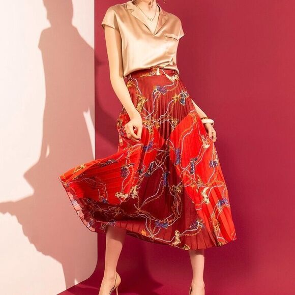 SANDRO Cowboy Boots Print Pleated Red Midi Skirt Size 1 US Small ($295) - Picture 3 of 13